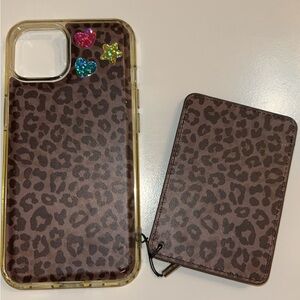 Walli iPhone 14 Leopard Print Phone Case and Card Holder Set - Brown